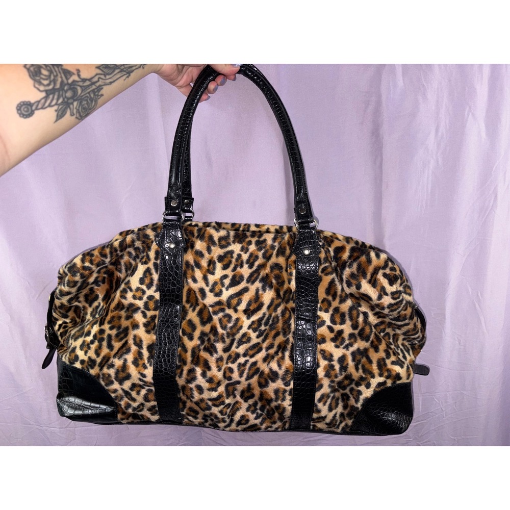 Leopard Print Faux Fur Duffel Bag Crocodile Embossed Trim Weekend Travel Tote